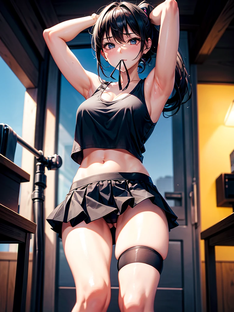 Highest Resolution,Highest quality,1Beautiful girl of the person,mini skirt,Knee-high stockings,Black hair ponytail,Tank top,Hold a hair tie in your mouth,Place your hands behind your head.,