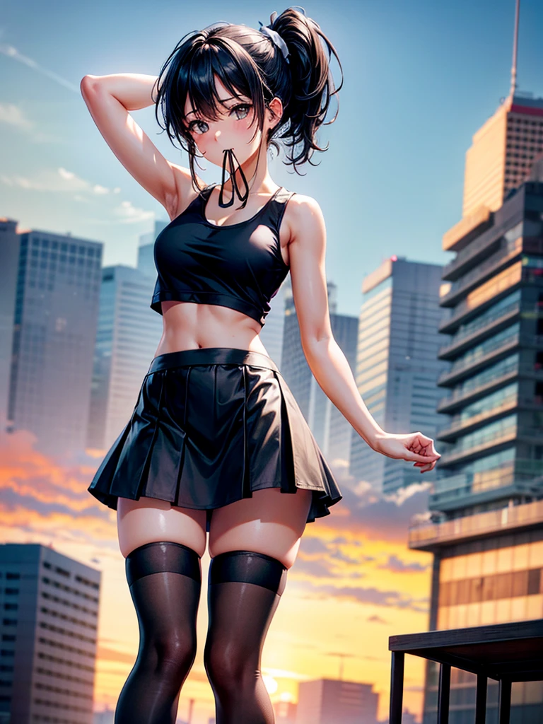 Highest Resolution,Highest quality,１Beautiful girl of the person,mini skirt,Knee-high stockings,Black hair ponytail,Tank top,Hold a hair tie in your mouth,Place your hands behind your head.,