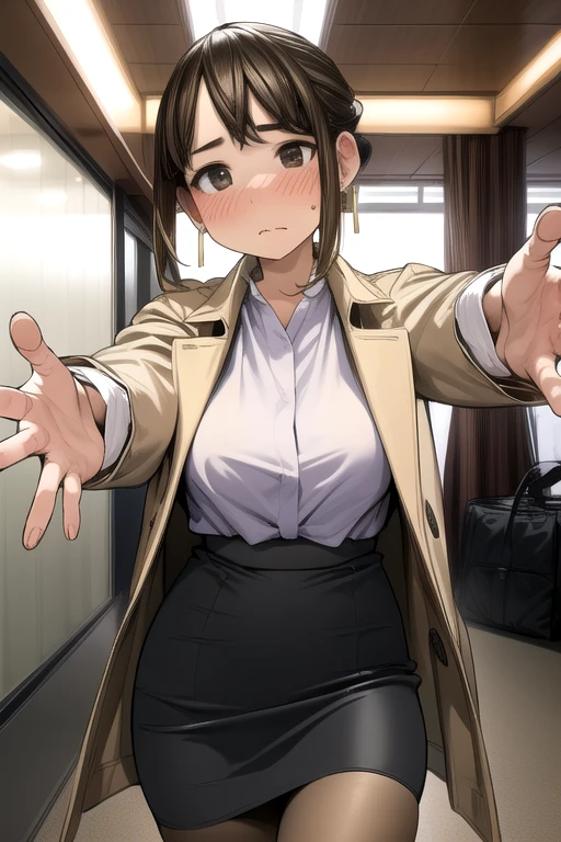 Very detailed, high quality:1.5, masterpiece, beautiful, Film Portrait,((douki-chan)),Short Ponytail,office lady,White shirt,High Waist Skirt,Pencil Skirt,Beige trench coat,pantyhose,jewelry,Earrings,Tilt your head,Hugs are coming, The hug is coming, Open your hands,Empty station platform,night,Blushing cheeks,Lovely,Station lighting,