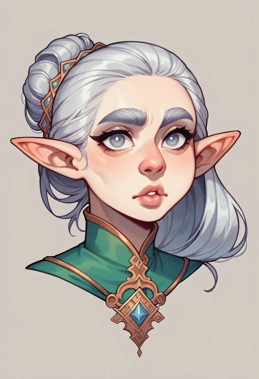 Female, Elf, 32 years old, Ectomorph, Light skin, Silver hair, Long, Simple hairstyle, Diamond face, Upturned eyes, Full lips, Broad eyebrows, Curved brows, Large nose, Aquiline nose, Medieval fantasy adventurer's clothing
