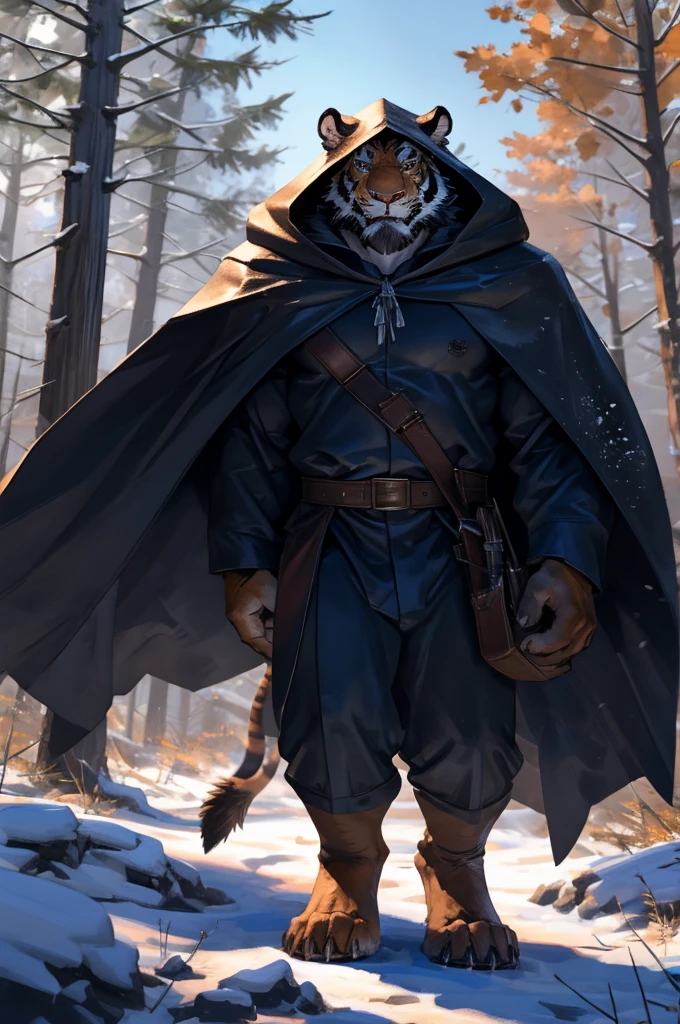 By Taran fiddler, solo, male, orange tiger man, dressed in a cloak and satchel, muscular, older male, wearing hood, cloak hiding face, eyes hidden by cloak hood, beard, walking towards viewer, smaller silhouette behind the tiger, forest background, snowy, establishing camera shot, character is far in the background, zoomed out, dynamic angles, dynamic posing.