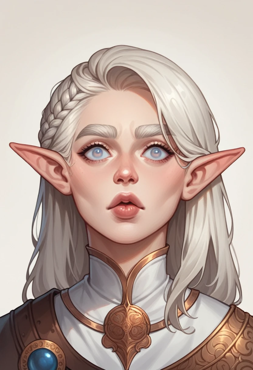 score_9, score_8_up,score_7_up, score_6_up, score_5_up, score_4_up, woman, best quality, highres, portrait, solo, beautiful, makeup, soft lips, daenerys (bored), large cleavage,  beautiful red dress, (((simple background))), eyes closed, elf ears, head up
