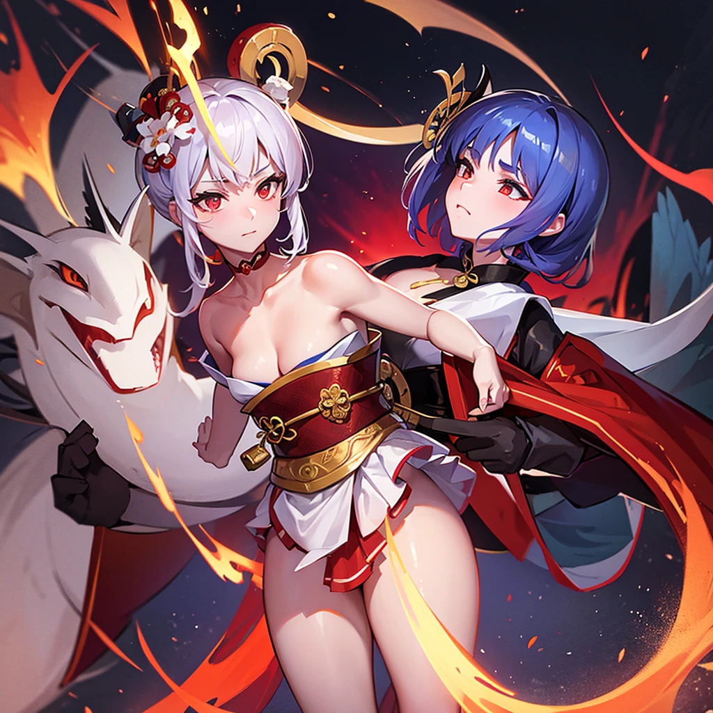 masterpiece, best quality,multiple girls, breasts, 2girls, yae miko, raiden shogun, purple eyes, pink hair, japanese clothes, purple hair, large breasts, long hair, cleavage, hair ornament, thighs, purple kimono, thighhighs, bangs, animal ears, detached sleeves, fox ears, wide sleeves, kimono, moon, weapon, braid,(kbxll:0.8)