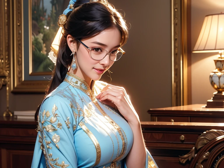 (8k, best quality, masterpiece, looks all detailed), highly detailed, detailed face, masterpiece, realistic lighting, masterpiece, best quality, masterpiece, official artwork, highly detailed 8k unity CG wallpaper, Indonesian age girl of Javanese descent, long black hair tied with white long ponytail patterned ribbon, graceful and beautiful, full of charm, smiling sweetly and happily, wearing glasses, wearing an empire waist shift dress long skirt with light blue pleats with gold embroidery, big breasts, wearing white high heel shoes, slender and tall body, stylish facing forward, room background.