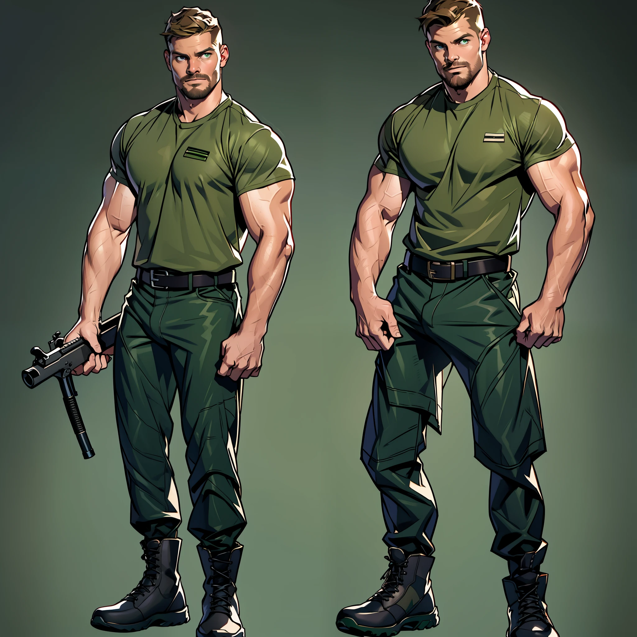1 man, male focus solo, middle aged man,Stephen AMELL as a military man, lean muscle,dark green T shirt, brown leather belt and boots, green(( camouflage tactical pants)) with ((big bulge)), full body shot, dark blond short hair, well groomed facial hair, holding a gun with one hand, (gun:1.2), ultra high quality, masterpiece, ,( intense splashed of dark green and brown paint in the blackground)