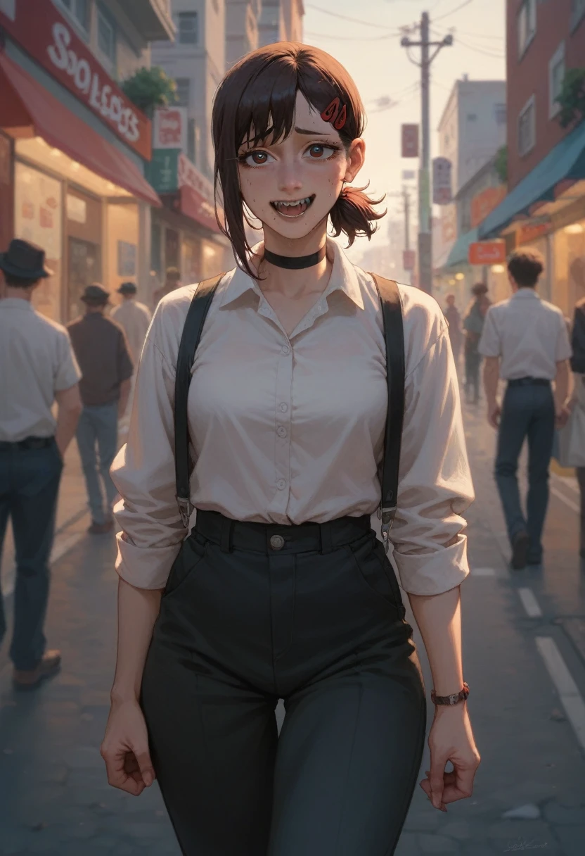 Kobeni Higashiyama from Chainsaw Man dressed as a homeless woman living on the street with a happy attitude