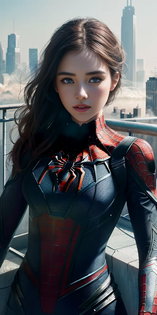 (1girl:1.3), Solo, (((Very detailed face)))), ((Very detailed eyes and face)))), Beautiful detail eyes, Body parts__, Official art, Unified 8k wallpaper, Super detailed, beautiful and beautiful, beautiful, masterpiece, best quality, original, masterpiece, super fine photo, best quality, super high resolution, realistic realism, sunlight, full body portrait, amazing beauty, dynamic pose, delicate face, vibrant eyes, (from the front), She wears Spider-Man suit, red and black color scheme, spider, very detailed city roof background, rooftop, overlooking the city, detailed face, detailed complex busy background, messy, gorgeous, milky white, highly detailed skin, realistic skin details, visible pores, clear focus, volumetric fog, 8k uhd, DSLR, high quality, film grain, fair skin, photo realism, lomography, futuristic dystopian megalopolis, translucent