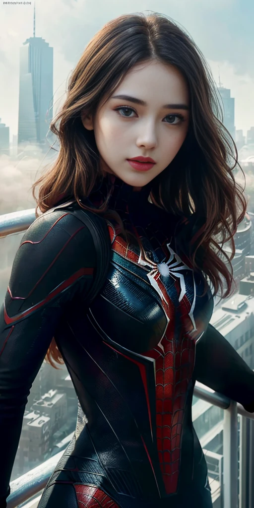 (1girl:1.3), Solo, (((Very detailed face)))), ((Very detailed eyes and face)))), Beautiful detail eyes, Body parts__, Official art, Unified 8k wallpaper, Super detailed, beautiful and beautiful, beautiful, masterpiece, best quality, original, masterpiece, super fine photo, best quality, super high resolution, realistic realism, sunlight, full body portrait, amazing beauty, dynamic pose, delicate face, vibrant eyes, (from the front), She wears Spider-Man suit, red and black color scheme, spider, very detailed city roof background, rooftop, overlooking the city, detailed face, detailed complex busy background, messy, gorgeous, milky white, highly detailed skin, realistic skin details, visible pores, clear focus, volumetric fog, 8k uhd, DSLR, high quality, film grain, fair skin, photo realism, lomography, futuristic dystopian megalopolis, translucent
