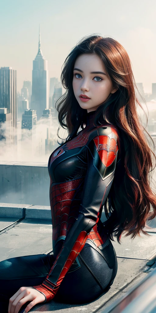 (1girl:1.3), Solo, (((Very detailed face)))), ((Very detailed eyes and face)))), Beautiful detail eyes, Body parts__, Official art, Unified 8k wallpaper, Super detailed, beautiful and beautiful, beautiful, masterpiece, best quality, original, masterpiece, super fine photo, best quality, super high resolution, realistic realism, sunlight, full body portrait, amazing beauty, dynamic pose, delicate face, vibrant eyes, (from the front), She wears Spider-Man suit, red and black color scheme, spider, very detailed city roof background, rooftop, overlooking the city, detailed face, detailed complex busy background, messy, gorgeous, milky white, highly detailed skin, realistic skin details, visible pores, clear focus, volumetric fog, 8k uhd, DSLR, high quality, film grain, fair skin, photo realism, lomography, futuristic dystopian megalopolis, translucent