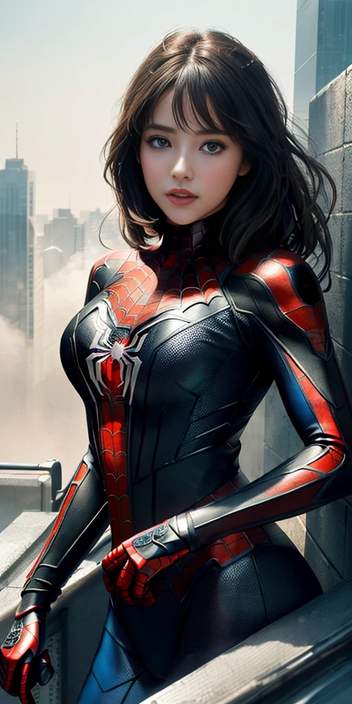 (1girl:1.3), Solo, (((Very detailed face)))), ((Very detailed eyes and face)))), Beautiful detail eyes, Body parts__, Official art, Unified 8k wallpaper, Super detailed, beautiful and beautiful, beautiful, masterpiece, best quality, original, masterpiece, super fine photo, best quality, super high resolution, realistic realism, sunlight, full body portrait, amazing beauty, dynamic pose, delicate face, vibrant eyes, (from the front), She wears Spider-Man suit, red and black color scheme, spider, very detailed city roof background, rooftop, overlooking the city, detailed face, detailed complex busy background, messy, gorgeous, milky white, highly detailed skin, realistic skin details, visible pores, clear focus, volumetric fog, 8k uhd, DSLR, high quality, film grain, fair skin, photo realism, lomography, futuristic dystopian megalopolis, translucent