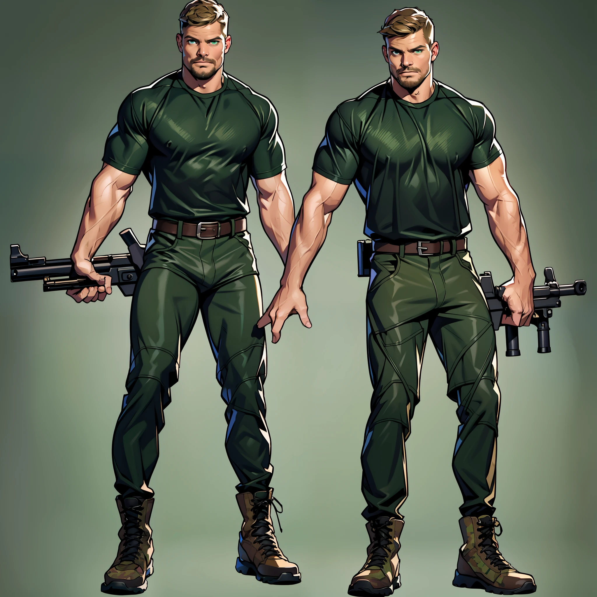 1 man, male focus solo, middle aged man,Stephen AMELL as an army man, lean muscle,dark green T shirt, brown leather belt and boots, green(( camouflage tactical pants)) with ((big bulge)), full body shot, dark blond short hair, well groomed facial hair, holding a gun with one hand, (gun:1.2), ultra high quality, masterpiece, ,( intense splashed of dark green and brown paint in the blackground)