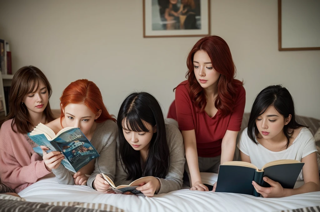 3 girls sitting and reading books in the bedroom, 1 redhead,2 people with black hair, realistically,realistic