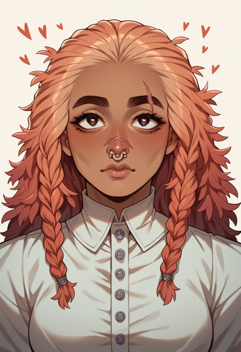 Female, Beastfolk, 33 years old, Ectomorph, Tan skin, Coral hair, Long, Simple hairstyle, Heart-shaped face, Round eyes, Plump lower lip, Medium eyebrows, Soft arch brows, Medium nose, Button nose, Scar, Medieval fantasy adventurer's clothing