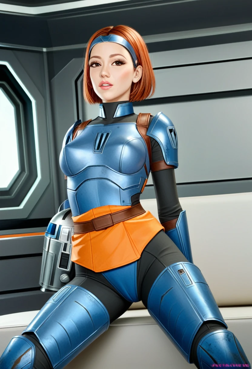 score_9_up, score_8_up, score_7_up, 1girl, solo, mature female, ((Bo Katan)), orange bob hair, brown eyes, pink lips, parted lips, fit slim body, (((blue and white Mandalorian armor suit))), (((white Starship room, space in the porthole, white furniture, highly detailed interior))), perfect model body, seductive pose