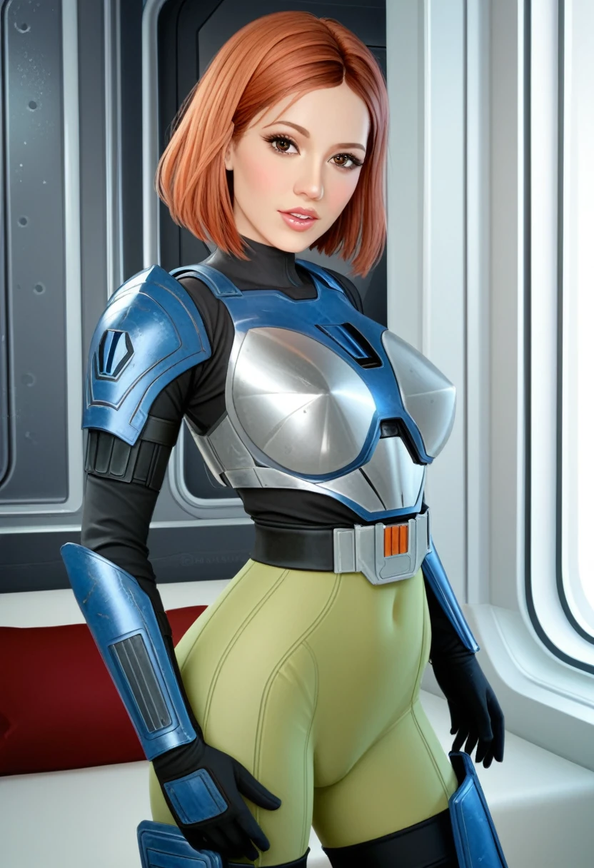 score_9_up, score_8_up, score_7_up, 1girl, solo, mature female, ((Bo Katan)), orange bob hair, brown eyes, pink lips, parted lips, fit slim body, (((blue and white Mandalorian armor suit))), (((white Starship room, space in the porthole, white furniture, highly detailed interior))), perfect model body, seductive pose