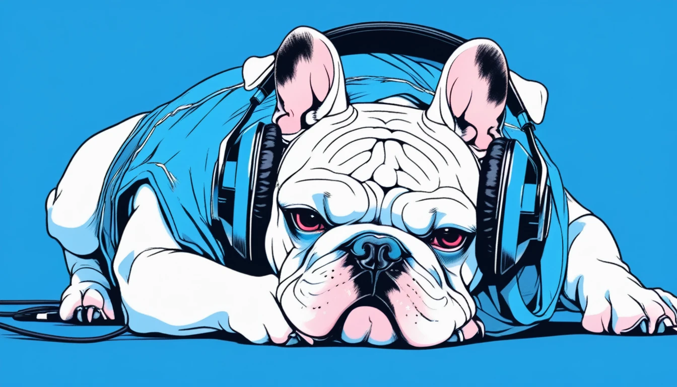 Illustrator, anime , Realistic ,sketch , Bulldog with headphones, Lying face down,lip, T-shirt,order,Textured Trim, (masterpiece,Highest quality) Blue background, Neon Hair,Textured Trim, Canadian, (masterpiece,Highest quality) Cancer,