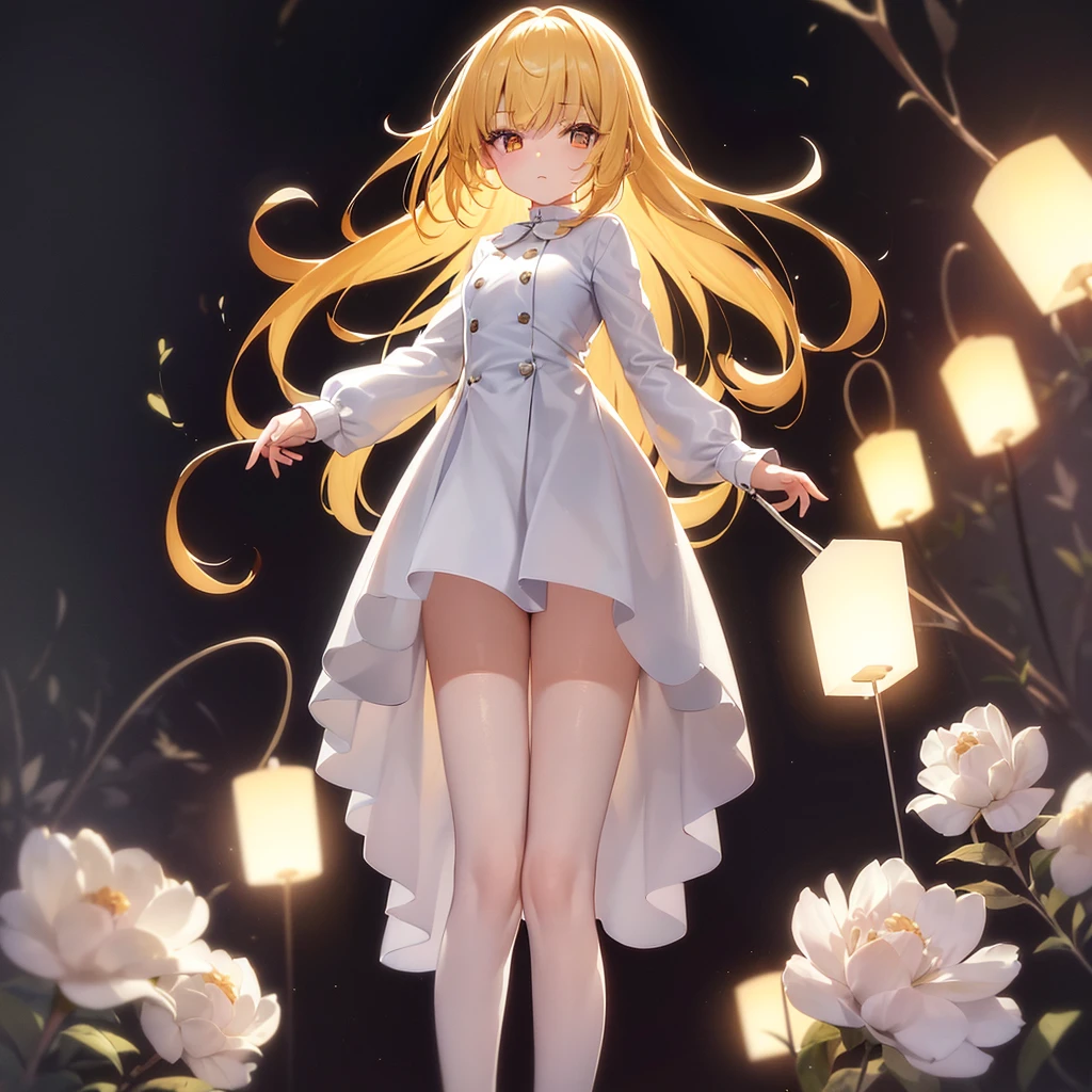 ((White leather shoes)),Cute little ,Tiny ,Small girl,,Childish face, Very fine clean face,Top quality, Big eyes,Straight Hair,Yellow hair,Crimson Eye,(Dark Room), Subtle light, Natural light,Soft lighting,Light from directly behind, (Are standing), Cute pose, (Open your hands), Showing the whole body,Front view,Black background