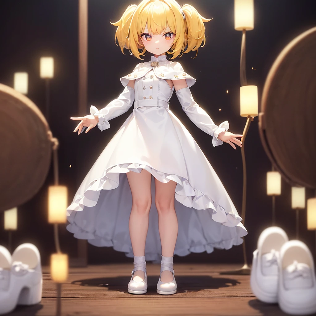 ((White leather shoes)),Cute little ,Tiny ,Small girl,,Childish face, Very fine clean face,Top quality, Big eyes,Straight Hair,Yellow hair,Crimson Eye,(Dark Room), Subtle light, Natural light,Soft lighting,Light from directly behind, (Are standing), Cute pose, (Open your hands), Showing the whole body,Front view,Black background