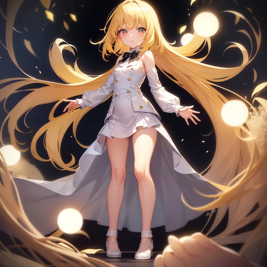 ((White leather shoes)),Cute little ,Tiny ,Small girl,,Childish face, Very fine clean face,Top quality, Big eyes,Straight Hair,Yellow hair,Crimson Eye,(Dark Room), Subtle light, Natural light,Soft lighting,Light from directly behind, (Are standing), Cute pose, (Open your hands), Showing the whole body,Front view,Black background