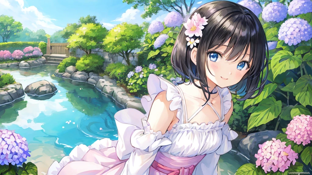 ((Masterpiece)), ((top quality)), very detailed, animated style illustration, Japanese style garden, 1girl, cute girl, solo, upper body, upper body focus, in the middle, white sundress, (beautiful eyes), beautiful black hair, short hair, flower hair ornament, blue eyes, slim, slender, (smile:1.2), Hydrangea in background, A soft and gentle anime illustration with pastel colors, featuring a 14-year-old girl with short black hair adorned with a small flower hair ornament and blue eyes. The artwork should have a fluffy and delicate style, capturing the youth and innocence of the girl. The pastel color scheme adds to the gentle and serene atmosphere of the illustration, emphasizing the girl's youthful and innocent appearance.