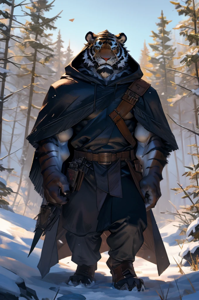 By Taran fiddler, solo, male, orange tiger man, dressed in a cloak and satchel, muscular, older male, wearing hood, cloak hiding face, eyes hidden by cloak hood, beard, walking towards viewer, smaller silhouette behind the tiger, forest background, snowy, establishing camera shot, character is far in the background, zoomed out, dynamic angles, dynamic posing.