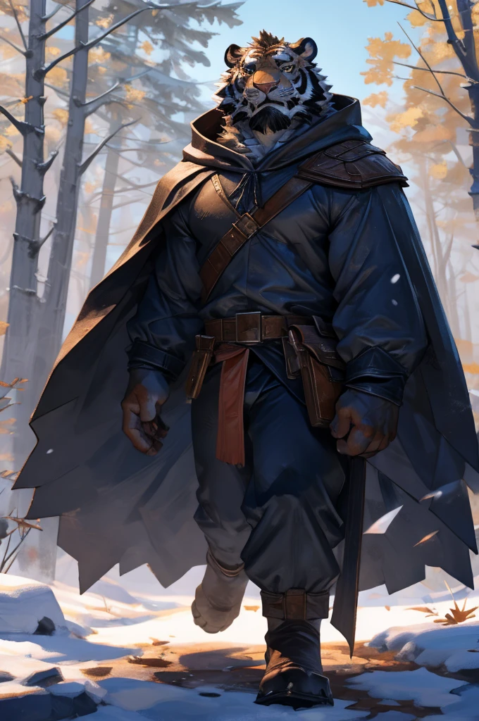 By Taran fiddler, solo, male, orange tiger man, dressed in a cloak and satchel, muscular, older male, wearing hood, cloak hiding face, eyes hidden by cloak hood, beard, walking towards viewer, smaller silhouette behind the tiger, forest background, snowy, establishing camera shot, character is far in the background, zoomed out, dynamic angles, dynamic posing.