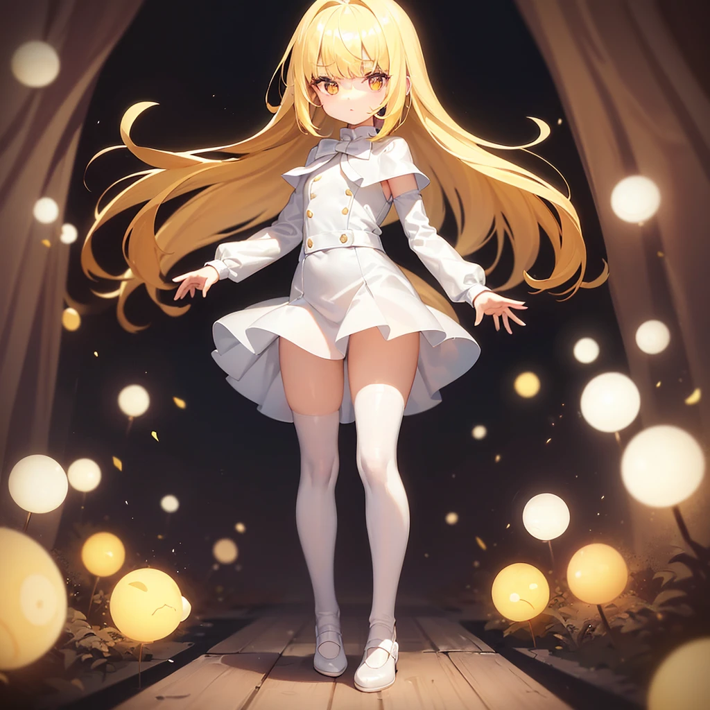 ((White leather shoes)),Cute little ,Tiny ,Small girl,,Childish face, Very fine clean face,Top quality, Big eyes,Straight Hair,Yellow hair,Crimson Eye,(Dark Room), Subtle light, Natural light,Soft lighting,Light from directly behind, (Are standing), Cute pose, (Open your hands), Showing the whole body,Front view,Black background