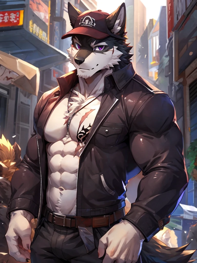 embedding:Black wolf，male, Purple eyes,Scar on the face, Single Person,black fur.The chest and abdomen are white fur.A film actor,In modern times,On the movie set.Wear casual clothes.Wearing a cap,Tattoo,Adult male,strong,Handsome,Muscular,Tall,Best quality hands, best quality eye，detailed fur，Delicate eyes.Extreme picture quality，by sollyz,by zixiong,by null_ghost