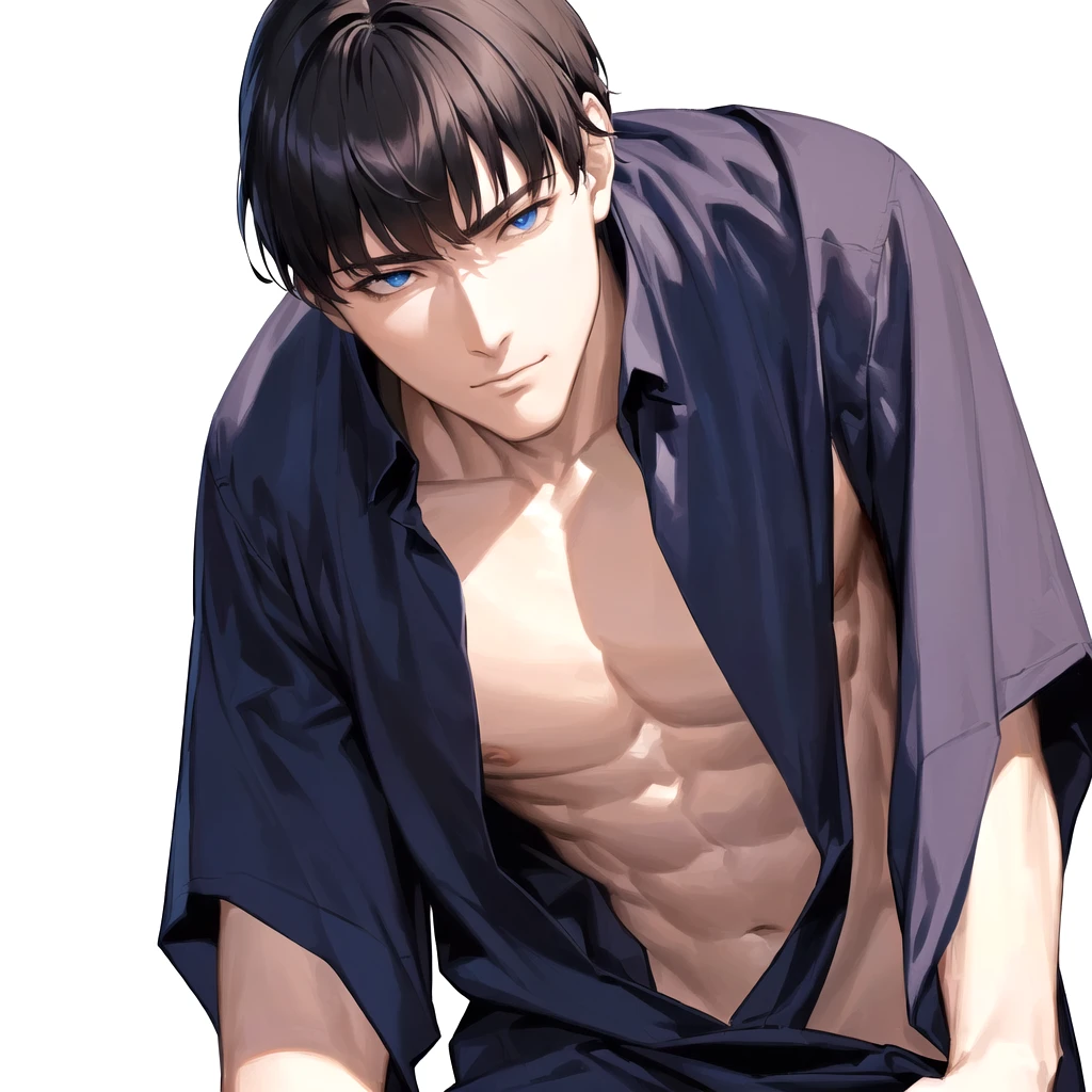 a close up of a person with a shirt on and a shirt on, handsome anime pose, anime handsome man, manga style of kentaro miura, handsome japanese demon boy, sui ishida art manga, kentaro miura manga style, muscular!!, kentaro miura manga art style, tall anime guy with blue eyes, yaoi, masterpiece, best quality, (extremely detailed CG unity 8k wallpaper), (best quality), (best illustration), (best shadow), absurdres, realistic lighting, (Abyss), beautiful detailed glow, art by PeterMohrBacher, He is in the middle of sex, nsfw, He is feeling flushed
