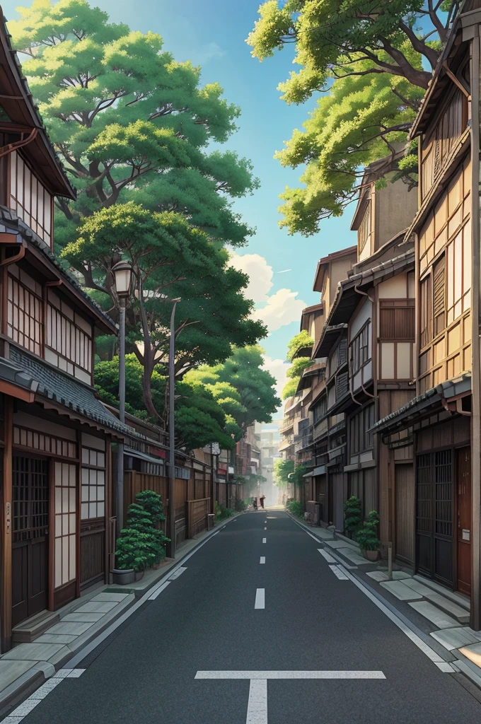 anime scenery of a street with a lot of buildings and plants, a digital painting by Makoto Shinkai, trending on cg society, ukiyo-e, anime background art, studio ghibli sunlight, beautiful anime scene, japanese street, beautiful anime scenery, anime scenery, japanese town, anime beautiful peace scene, anime scenery concept art, anime style cityscape