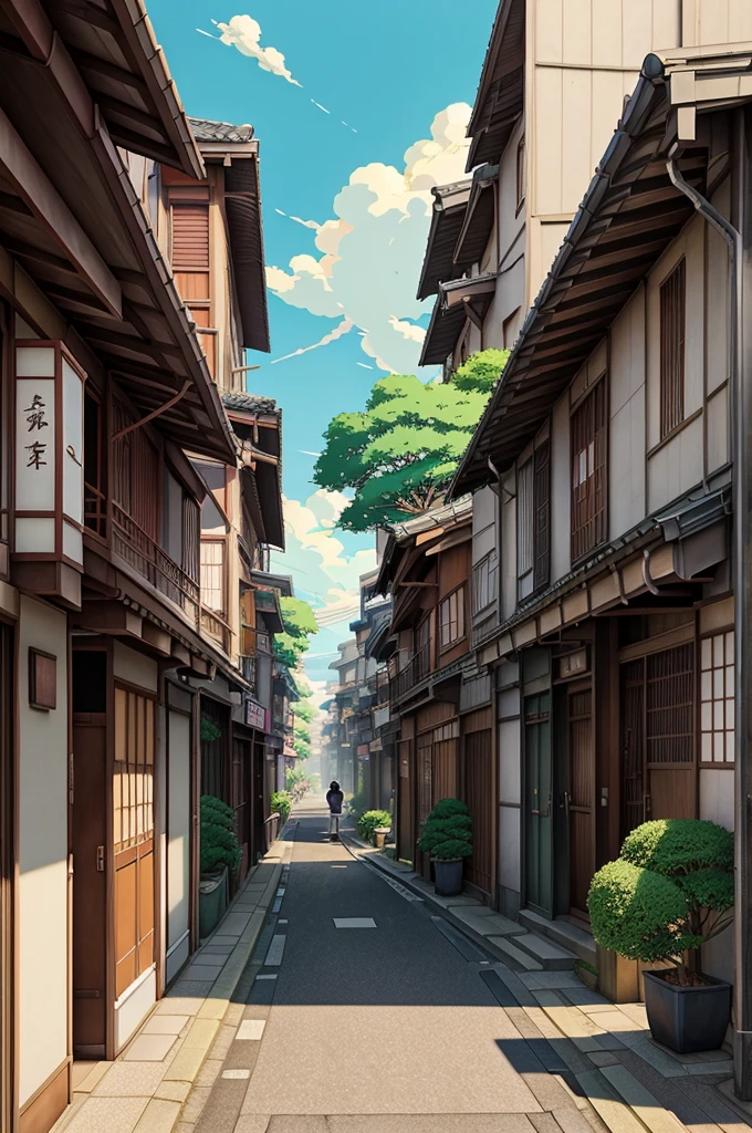 anime scenery of a street with a lot of buildings and plants, a digital painting by Makoto Shinkai, trending on cg society, ukiyo-e, anime background art, studio ghibli sunlight, beautiful anime scene, japanese street, beautiful anime scenery, anime scenery, japanese town, anime beautiful peace scene, anime scenery concept art, anime style cityscape