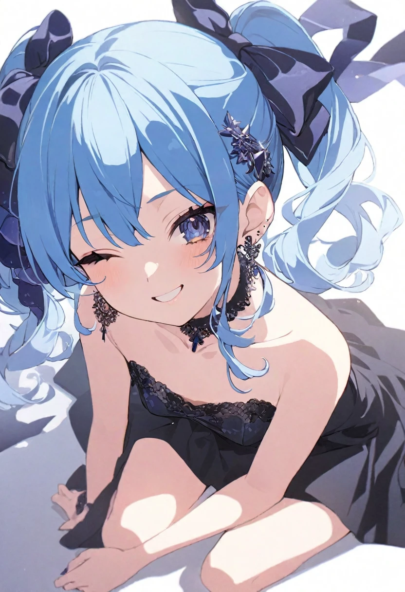 (muste piece), (best quality), very detailed eyes, expressive eyes, perfect face, very detailed face, highly detailed face, beautiful girl, 8K, beautiful girl, white background, delicate and beautiful face and eyes, dark intense shadow,
1 girl, vtuber style, cool girl, hololive, Hoshimachi Suisei, blue hair, see-through:evening dress, small chest, cropped shoulders, clavicle, one eye close winking, smile, (full body), sitting,