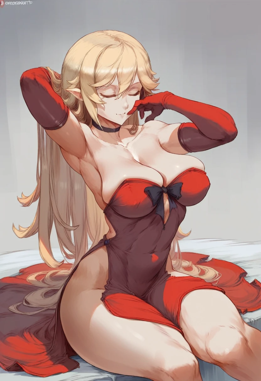 Cutesexyrobutts style, 1girl, oshino_shinobu, kiss-shot_acerola-orion_heart-under-blade, breasts, solo, long_hair, blonde_hair, dress, red_dress, pointy_ears, large_breasts, closed_eyes, bare_shoulders, very_long_hair, sitting, gloves, elbow_gloves, cleavage, strapless, ribbon, hair_ribbon, strapless_dress, armpits, white_background, bangs, collarbone, smile, closed_mouth