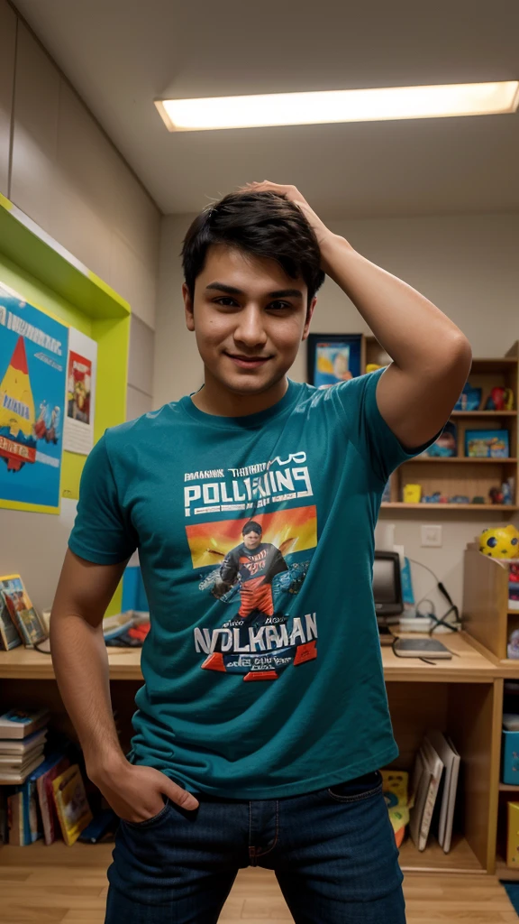 Depict Nurdinov Volkan Vakhitdinovich, a boy with a strong character and charisma. The name Volkan is associated with volcanoes, symbolizing power and energy. He appears as an energetic and confident . He has short dark hair and a mischievous look. Volkan is dressed in a bright t-shirt and jeans, highlighting his active and cheerful nature. Around him, there is a fun atmosphere — toys, books, and video games, indicating his curiosity and active lifestyle.