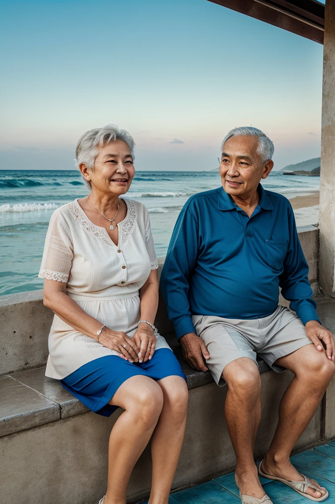 Old couple sitting beside sea beach when they watching sea waves.