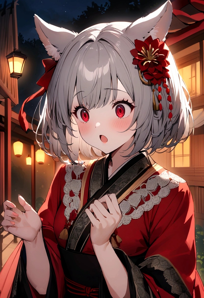 girl，cute，Small breasts，Gray Hair，Dog Ears，short hair，Red eyes，kimono，countryside，night，I am very surprised