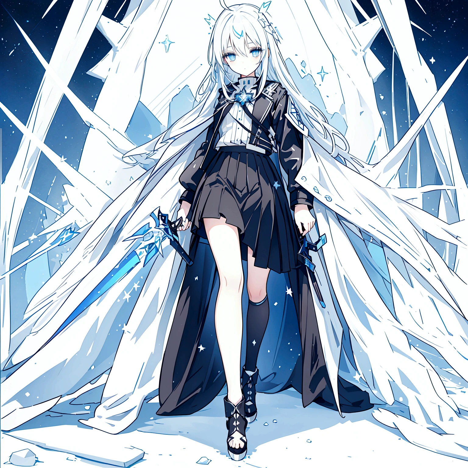 best quality, a girl with long bluish white hair, black leather jacket, black long skirt, blue eyes, walking under the starry sky, having a sword that made of ice, ice grows from beneath her feet