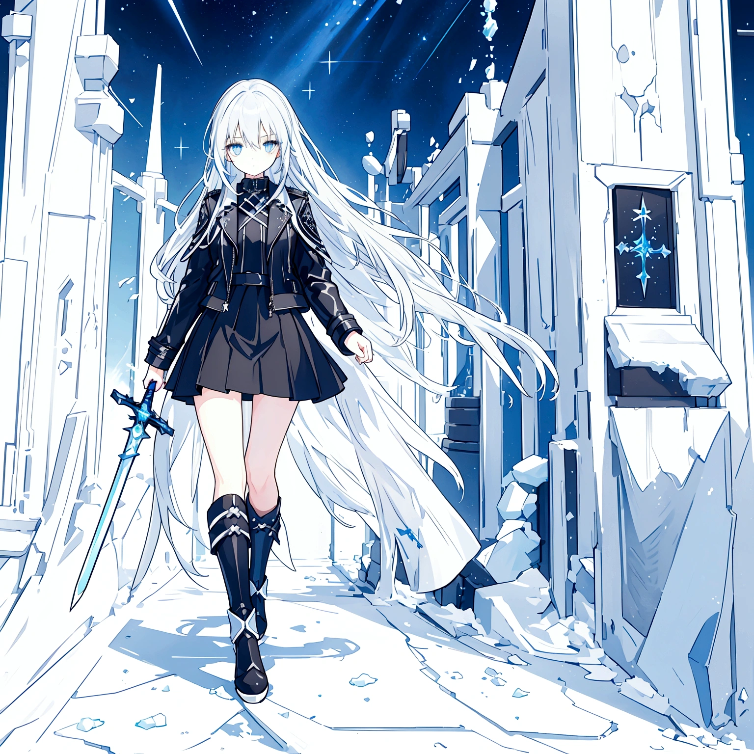 best quality, a girl with long bluish white hair, black leather jacket, black long skirt, blue eyes, walking under the starry sky, having a sword that made of ice, ice grows from beneath her feet