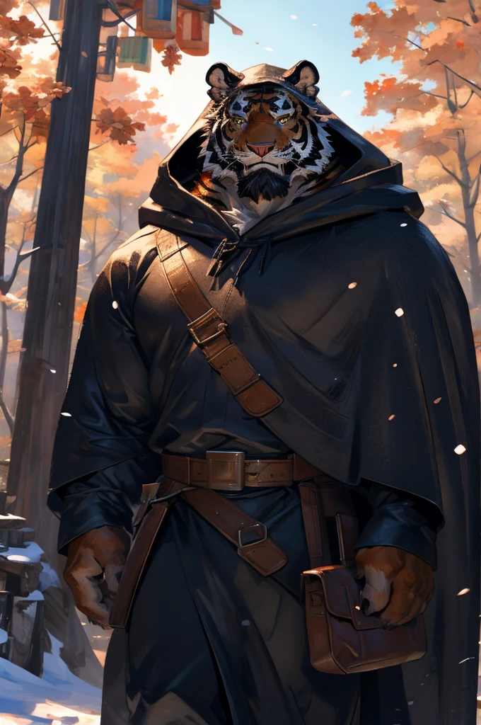 By Taran fiddler, solo, male, orange tiger man, dressed in a cloak and satchel, muscular, older male, wearing hood, cloak hiding face, eyes hidden by cloak hood, beard, walking towards viewer, smaller silhouette behind the tiger, forest background, snowy, establishing camera shot, character is far in the background, zoomed out, dynamic angles, dynamic posing.