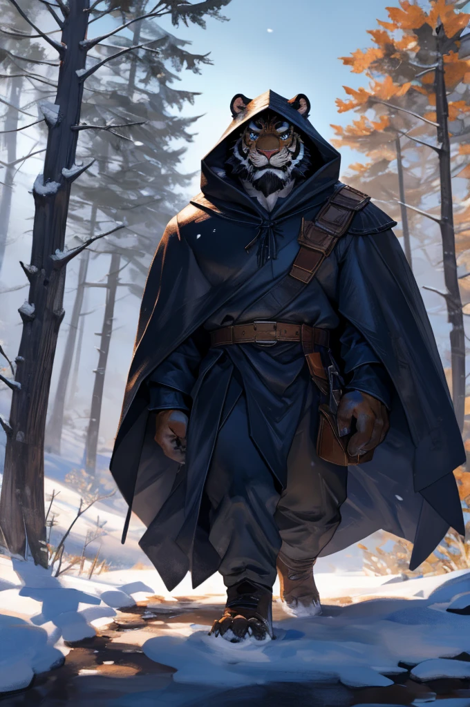 By Taran fiddler, solo, male, orange tiger man, dressed in a cloak and satchel, muscular, older male, wearing hood, cloak hiding face, eyes hidden by cloak hood, beard, walking towards viewer, smaller silhouette behind the tiger, forest background, snowy, establishing camera shot, character is far in the background, zoomed out, dynamic angles, dynamic posing.