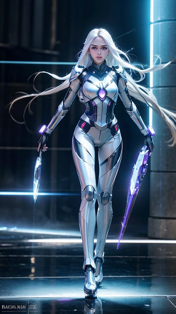 1girl, ultra realistic, ultra crisp, NVIDIA RTX, unreal engine, perfect slim body, realistic face, perfect face, realistic body, ultra skin details, ultra skin reflection details, white hair, hair blown with strong winds, hyper lights rendering, ultra details, glowing eyes, purple eyes, blush, parted lips, cybernetic ear, cinematic lights, glowing cybernetic metalic hands, glowing cybernetic metalic legs, luminous cybernetic futuristic metalic mechanical body, backdrop of natural lights, ultra realistic lights reflection details, ((full body shown)), from below, posing in the middle.
