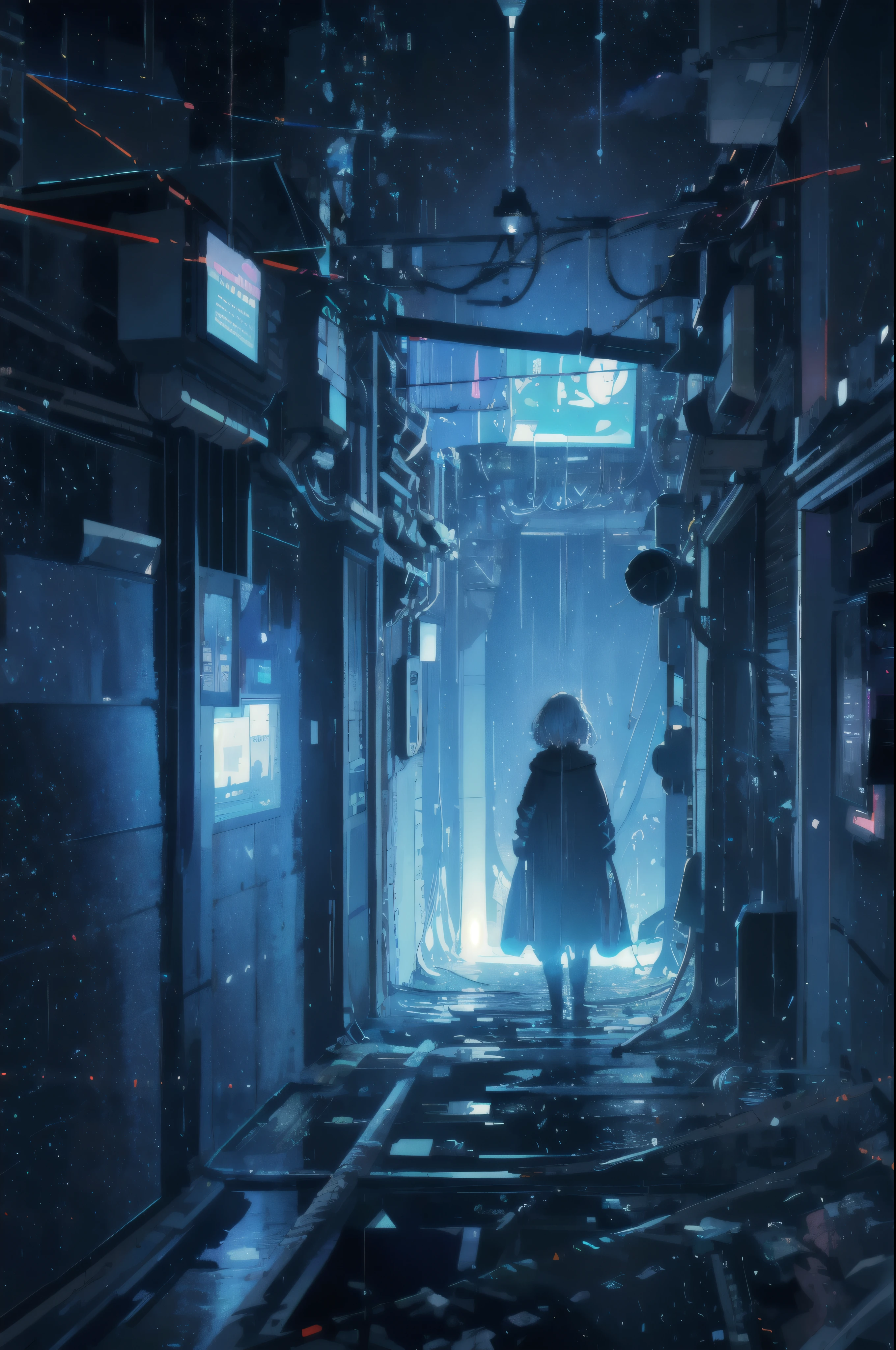 alone girl, city at night, rain, large room, looking up, night, moon, plants, starry sky, stars, night sky, constellation, dynamic, landscape, moon, Ultra HD, different dimension, clouds, 8k quality, dark room Long shot scenic professional photo hologram, water pipe leak, graffiti, cable connector to server, cables on ceiling, led spotlight, trash can, dirty surface, broken ceiling octane rendering, 8k, ultra sharp, Metal, Intricate, Holographic Advertising Decoration Details, Highly Intricate Details, Realistic Light, Topic at CGSociety, RAW Candid Cinema, 16mm, Color Graded Portra 400 Film, Amazing Colors, Ultra Realistic, Textured Skin , amazingly fine pupils, realistic dull skin noise, visible skin details, skin fuzz, dry skin, shot with a movie camera, perfect perspective, highly detailed, wide-angle lens, ultra-realistic, dramatic sky , polarizing filter, natural light, vivid colors, everything is clearly visible, high resolution, ultra high resolution, K floating in space, vivid digital illustration, dribbling, quantum wave tracking, black background, Vihans HD