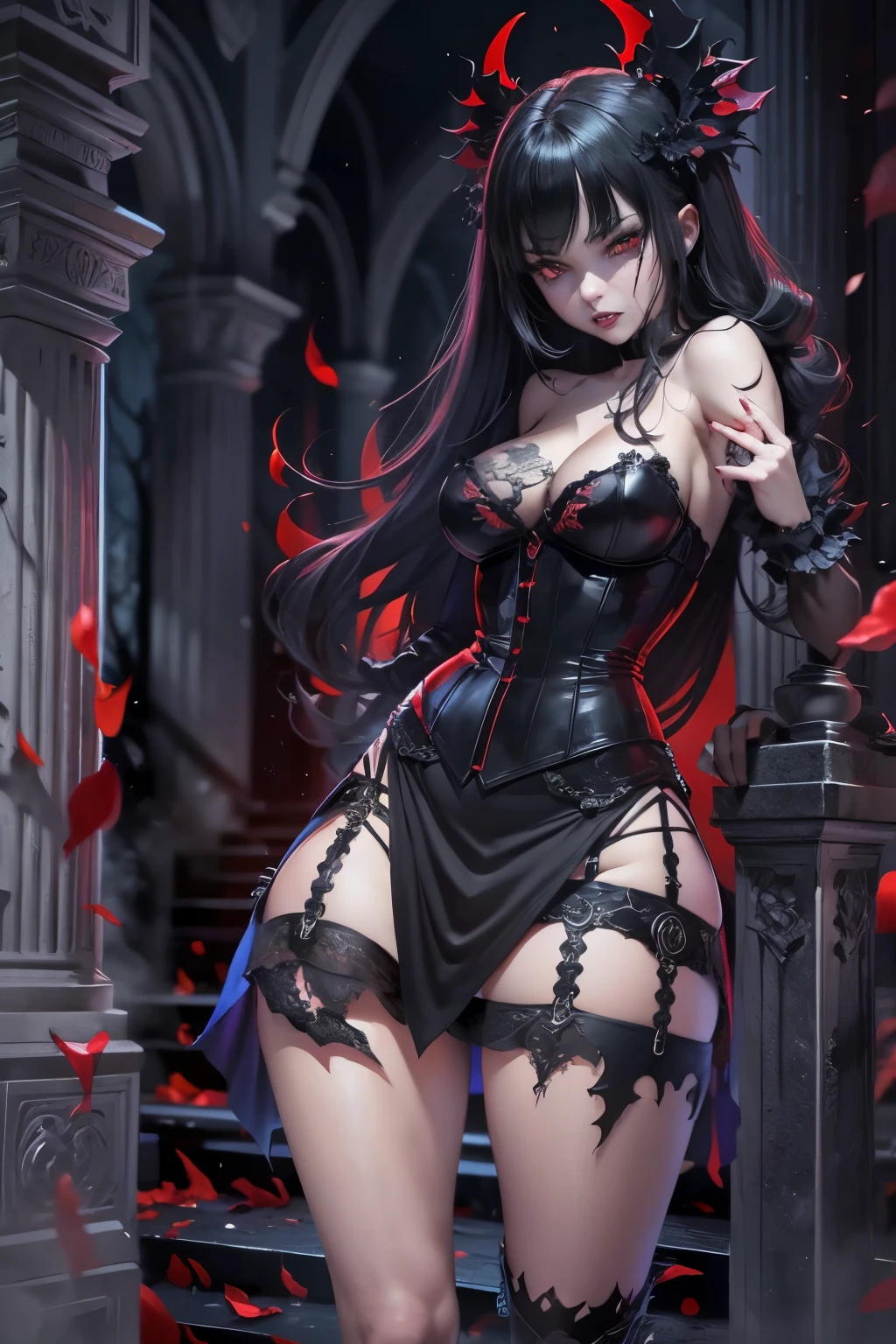(sexly, fullbusig, attractive) Girl with (long, black) Hair and (blass, just) high. She has (seductive, hypnotic) (Rot) Eyes and (sharp, ass cheeks visible) Vampire Fangs. she wears a (form-fitting, a) Corset dress in (Rot and black) colours. The scene takes place in a (spooky, eerie) graveyard (in the night time) under a (full) Mond.