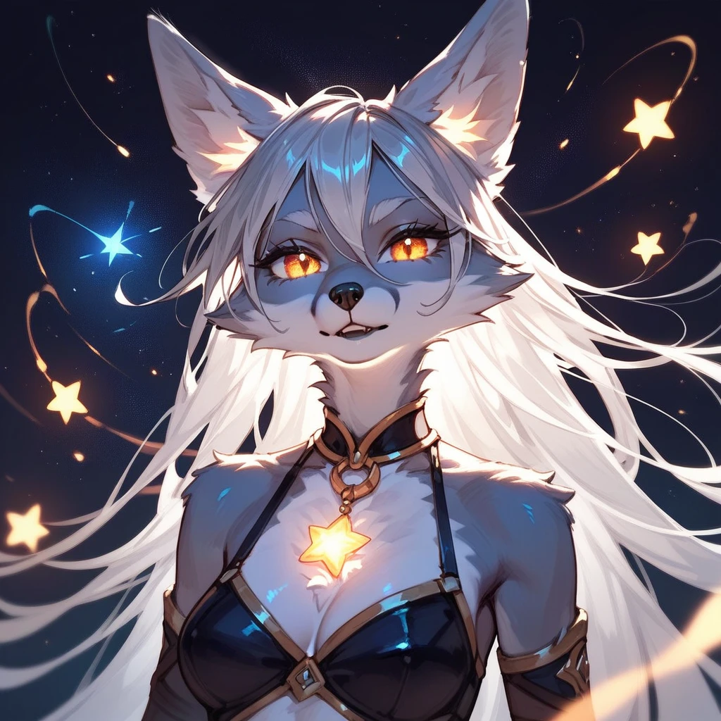 Fox Woman, silver fur, glowing, furry, cosmic stars above (score_9,score_8_up,score_7_up,score_6_up,score_5_up,score_4_up) 
