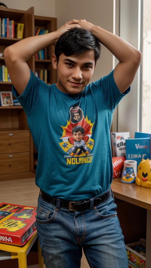 Depict Nurdinov Volkan Vakhitdinovich, a boy with a strong character and charisma. The name Volkan is associated with volcanoes, symbolizing power and energy. He appears as an energetic and confident . He has short dark hair and a mischievous look. Volkan is dressed in a bright t-shirt and jeans, highlighting his active and cheerful nature. Around him, there is a fun atmosphere — toys, books, and video games, indicating his curiosity and active lifestyle.