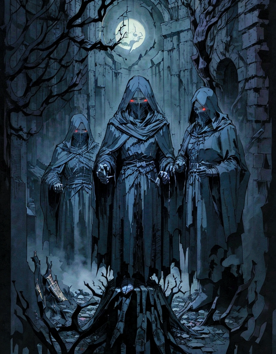 a group of people in robes standing in a dark room, dark robes, wearing dark robes, black robes mages, dark, nazgul, dark cinematic concept art, greek dark ritual myth, robed figures sat around a table, kramskoi 4 k, unholy gathering, photorealistic dark concept art, occult robes, medieval dark fantasy, dark robed, dark entities