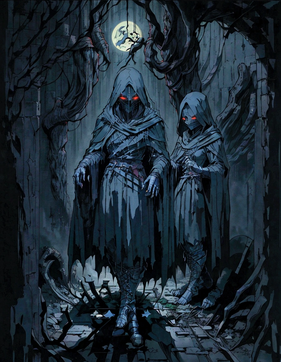 a group of people in robes standing in a dark room, dark robes, wearing dark robes, black robes mages, dark, nazgul, dark cinematic concept art, greek dark ritual myth, robed figures sat around a table, kramskoi 4 k, unholy gathering, photorealistic dark concept art, occult robes, medieval dark fantasy, dark robed, dark entities