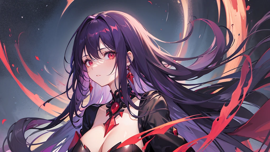 Woman, long dark purple hair, red eyes, portrait, gisha, anime image, Stand straight and look at the camera ,black long open dress, witch, silver jewelry in the shape of ribs,