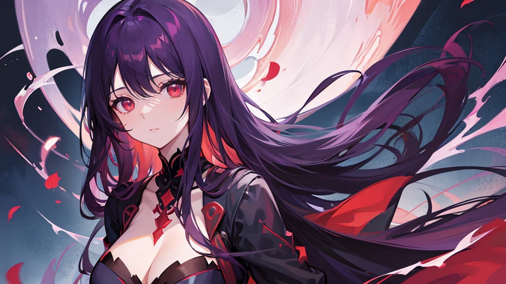 Woman, long dark purple hair, red eyes, portrait, gisha, anime image, Stand straight and look at the camera ,black long open dress, witch, silver jewelry in the shape of ribs,