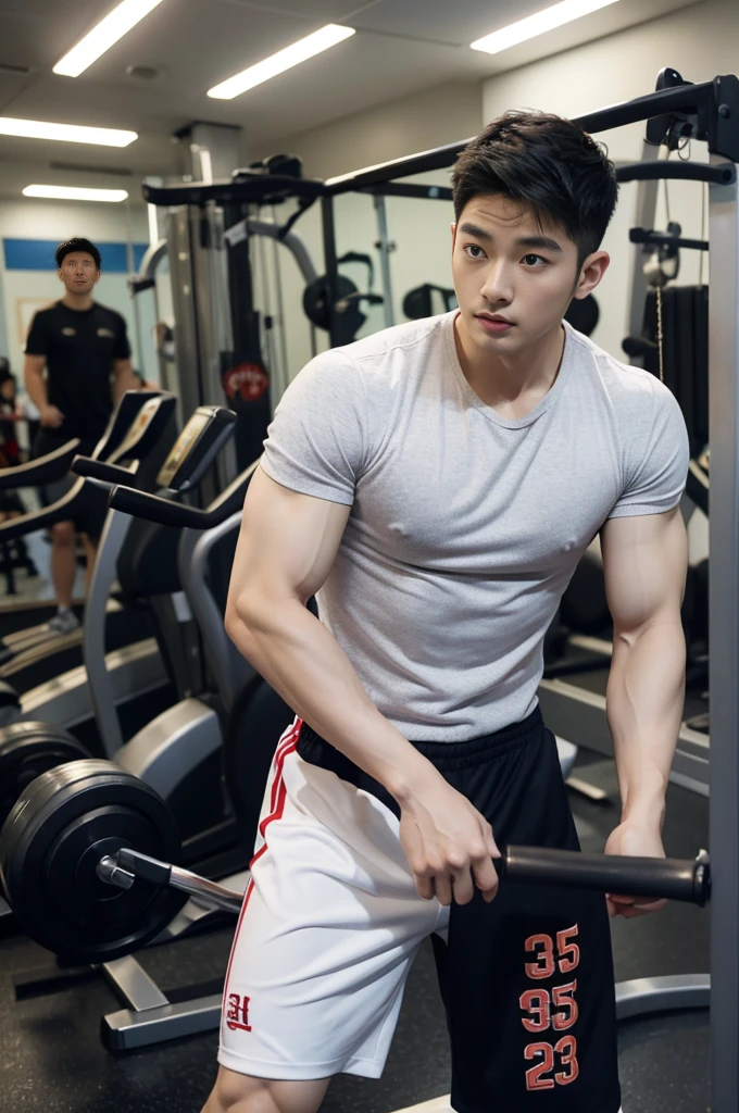 Korean man, Inspiration from Peng Yuyan, 30 years old, 236 years old, Cute Korean Face, 35 yo, 33 year old Korean muscular man，The gym is in the back.